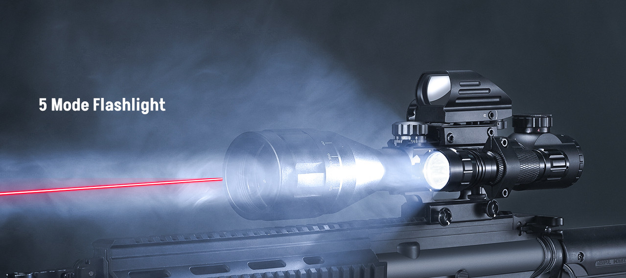 Close-up of the EZshoot AO adjustable objective rifle scope showing the clear adjustment markings and integrated accessory mounts