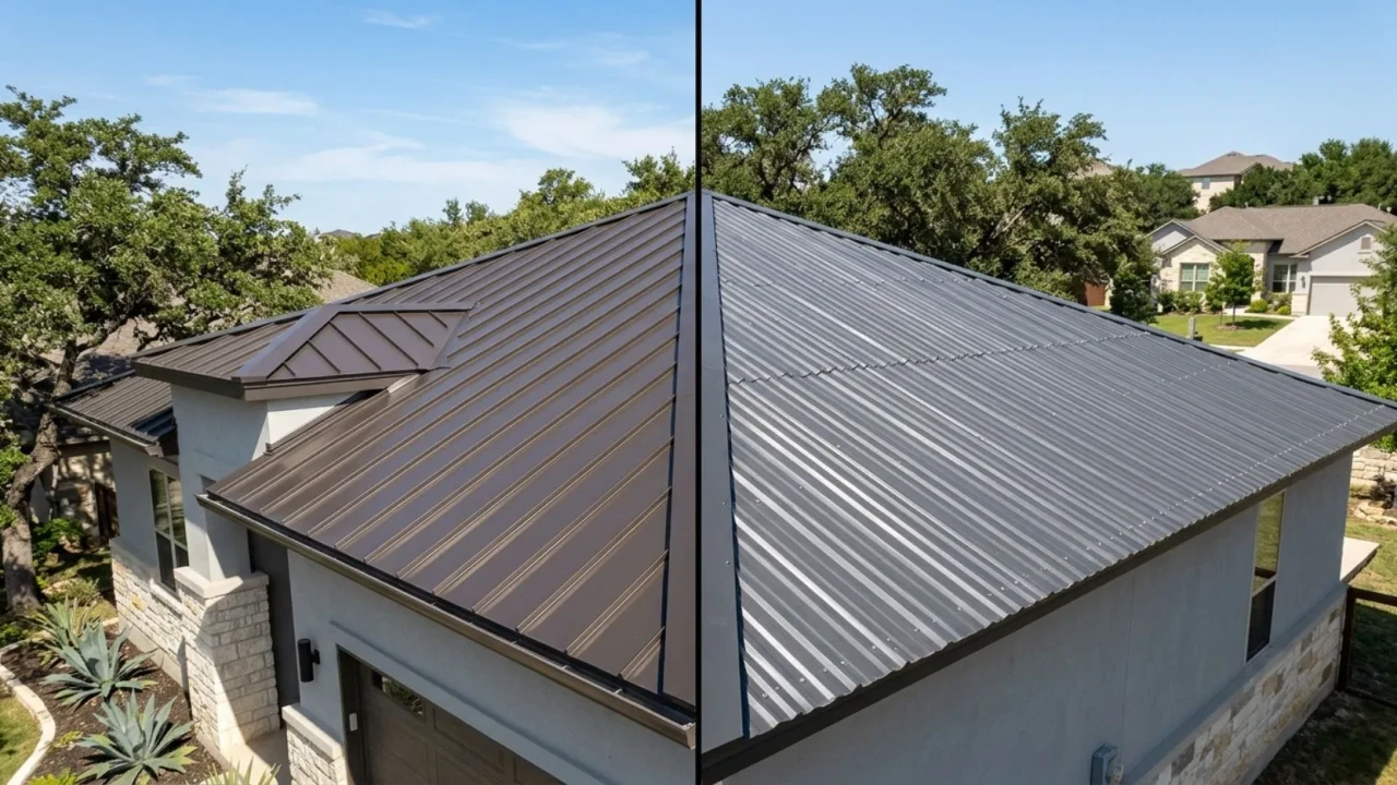 Standing seam metal roof next to corrugated exposed-fastener panel comparison in San Antonio