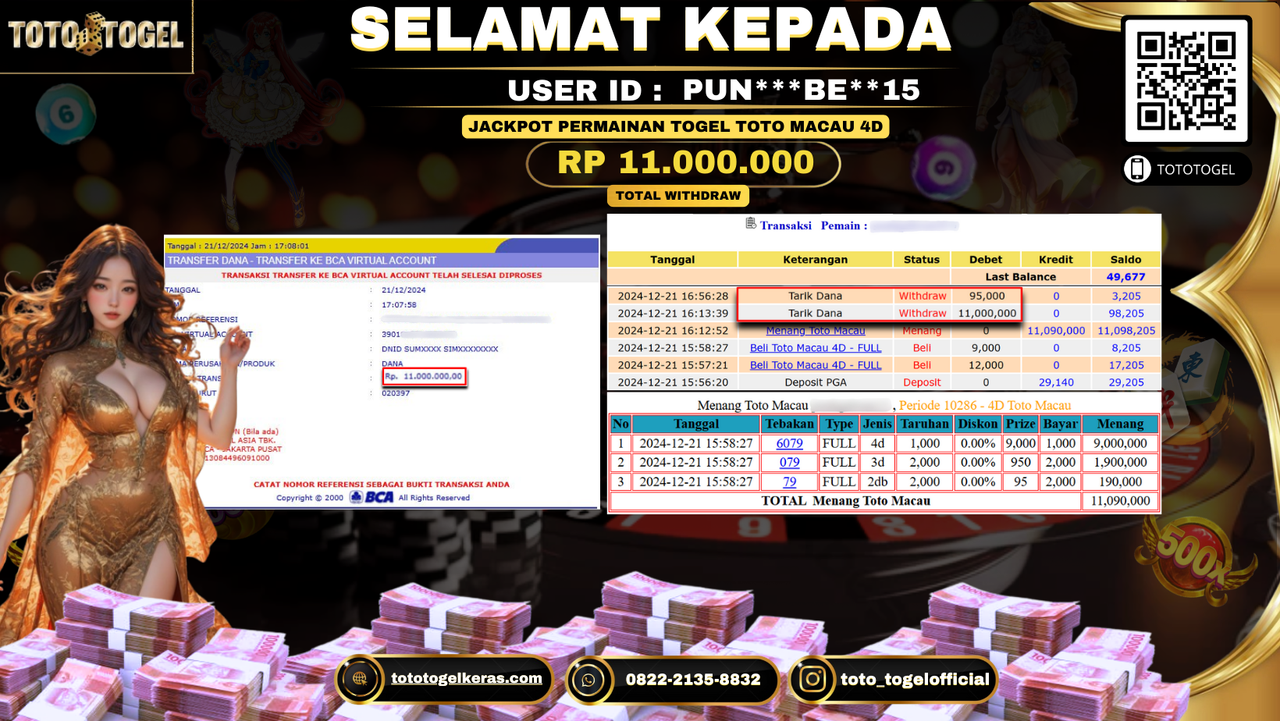 Bukti Pembayaran Jackpot  Permainan  Togel Toto Macau 4D : PUN***BE**15 LUNAS