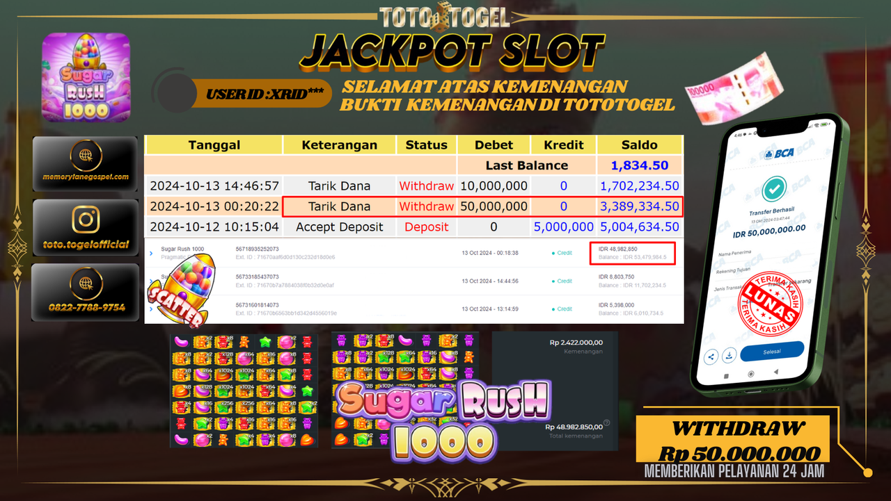 Bukti Kemenangan Permainan Slot Sugar Rush 1000 ID : XRID*** Terbayar Lunas!!