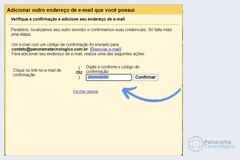 Tela de configuração para adicionar outro endereço de e-mail pedindo código de confirmação da conta.