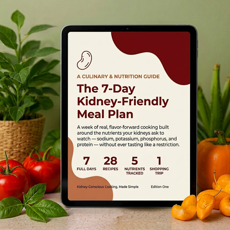 The 7-Day Kidney-Friendly Meal Plan PDF cover - 28 recipes for CKD patients