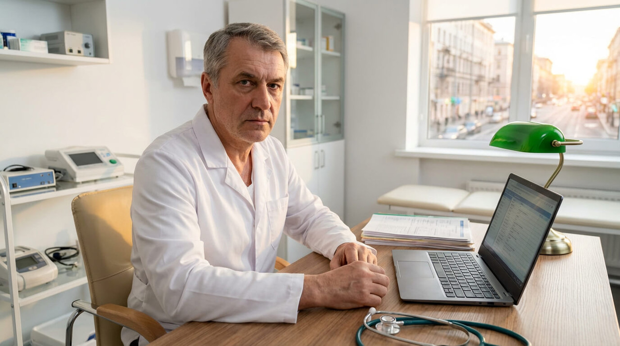 Опытный врач в белом халате сидит за современным деревянным столом в светлой российской поликл