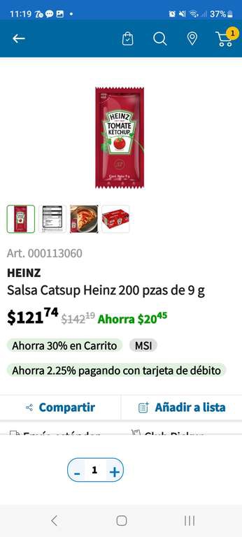 Sam's Club: 200 Sobres de Ketchup Heinz 
