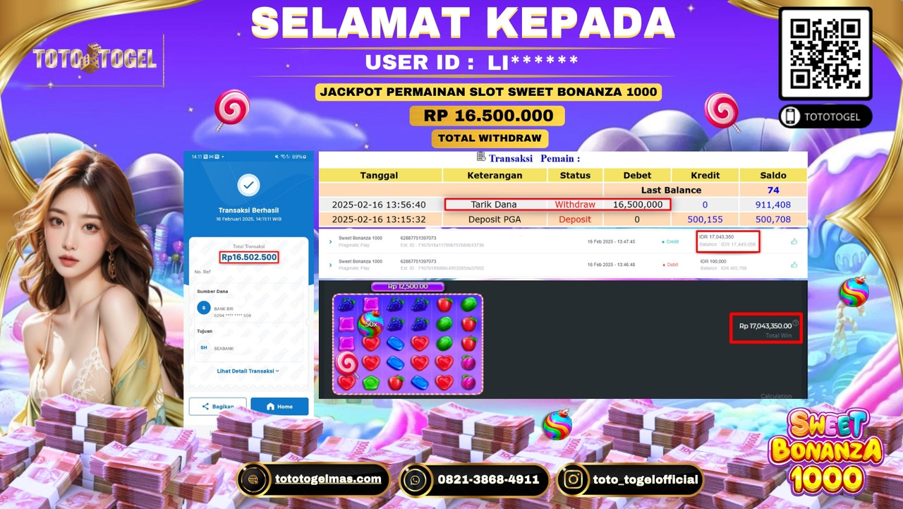 Bukti Pembayaran Jackpot  Permainan Slot Sweet Bonanza 1000  ID:LI***** LUNAS