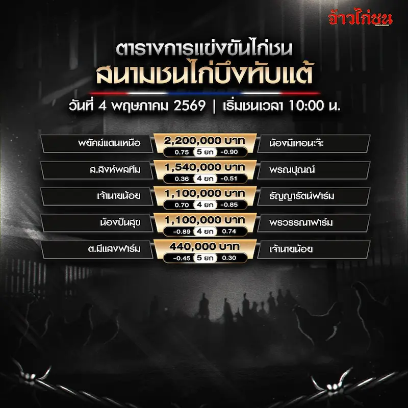 โปรแกรมไก่ชน สนามชนไก่บึงทับแต้ วันจันทร์ที่ 4 พฤษภาคม 2569 ภาพรวมคู่ชน
