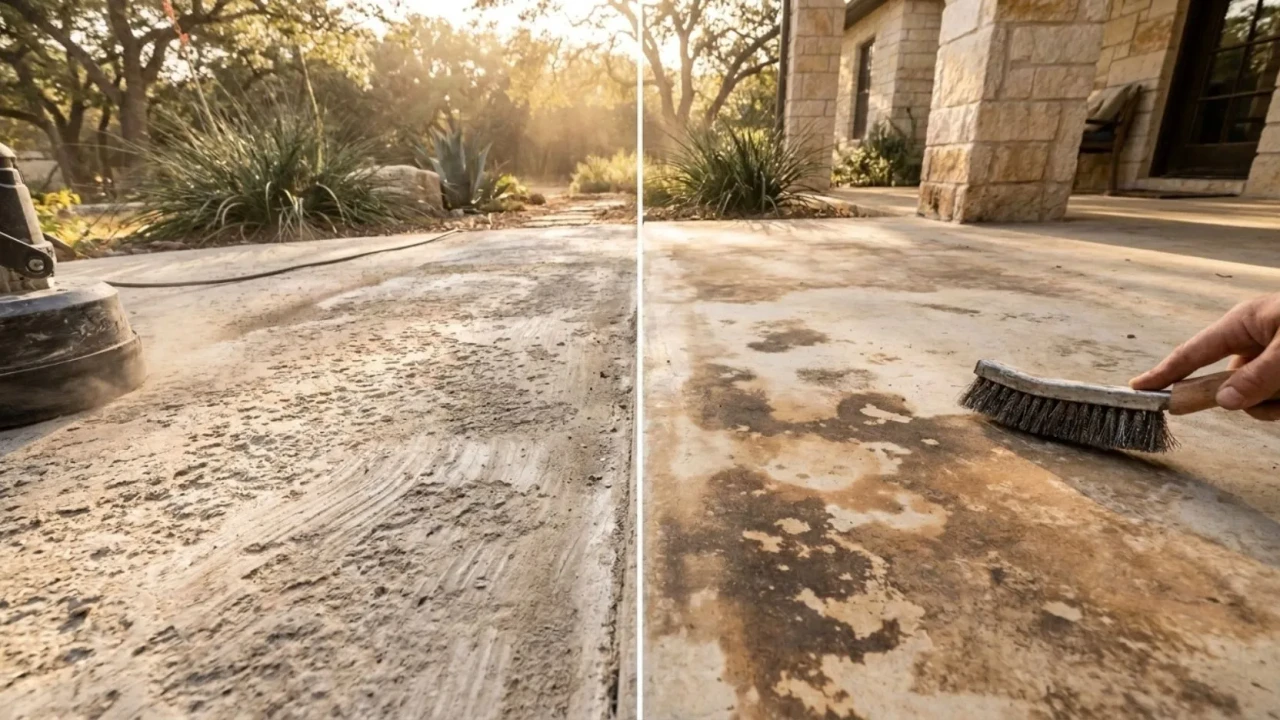 Affordable Concrete San Antonio crew member grinding and profiling an existing concrete patio surface before staining  mechanical profiling opens the concrete so color soaks in evenly with no streaks