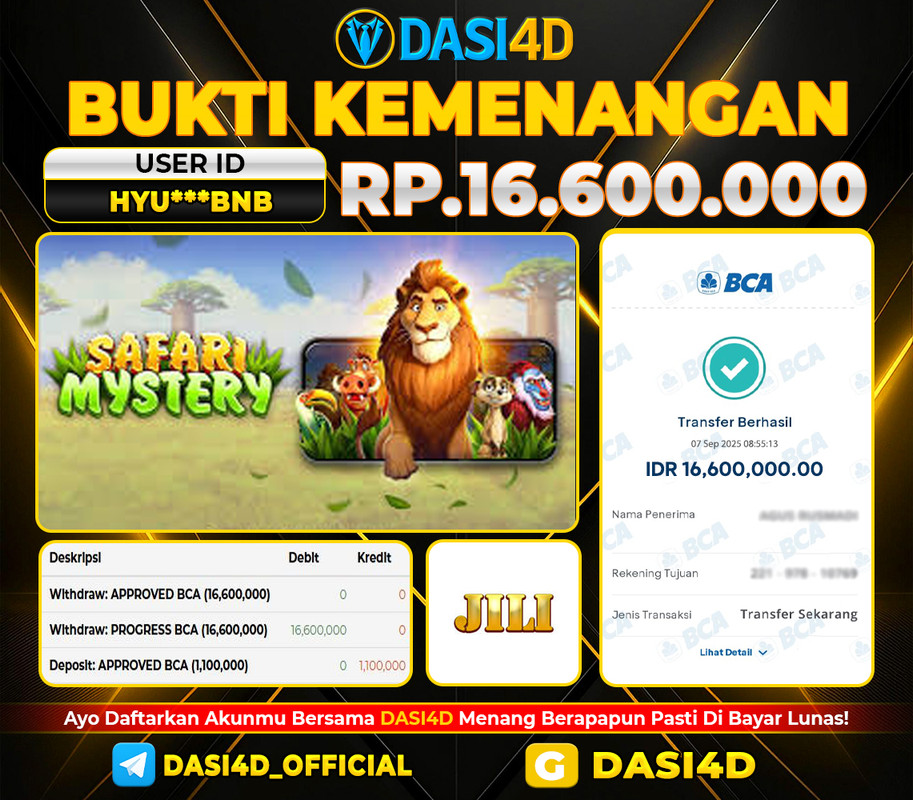 BUKTI KEMENANGAN 07 SEPTEMBER  2025 DI SAFARI MYSTERY   RP 16.600.000