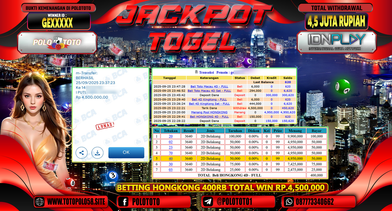 POLOTOTO JACKPOT TOGEL HONGKONG LOTTO Rp.4.500.000,- LUNAS