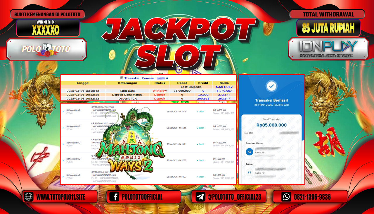 POLOTOTO JACKPOT SLOT MAHJONG WAYS 2 Rp.85.000.000,- 