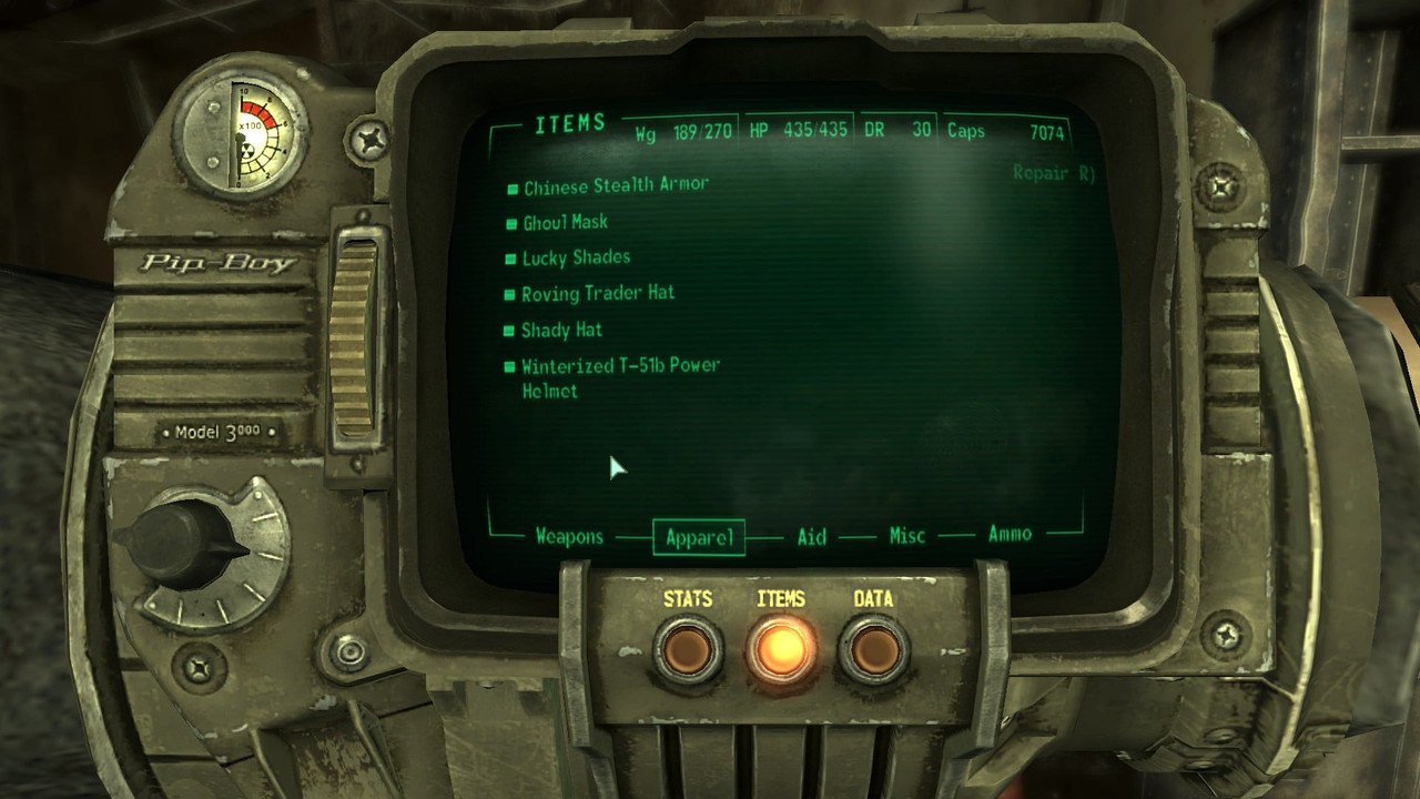 Fallout 3 stealth armor headgear bug