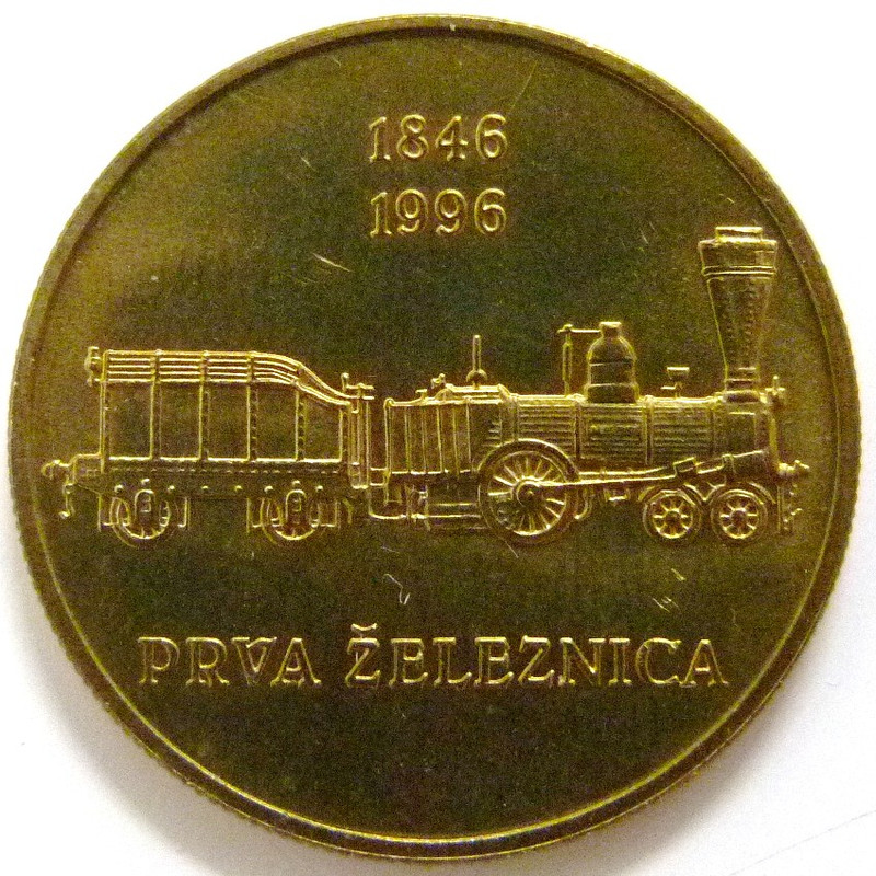 Eslovenia. Monedas conmemorativas de 5 Tolar (1993-1997) Completa. SLO-5-Tolar-1996-150-aniversario-ferrocarril-rev