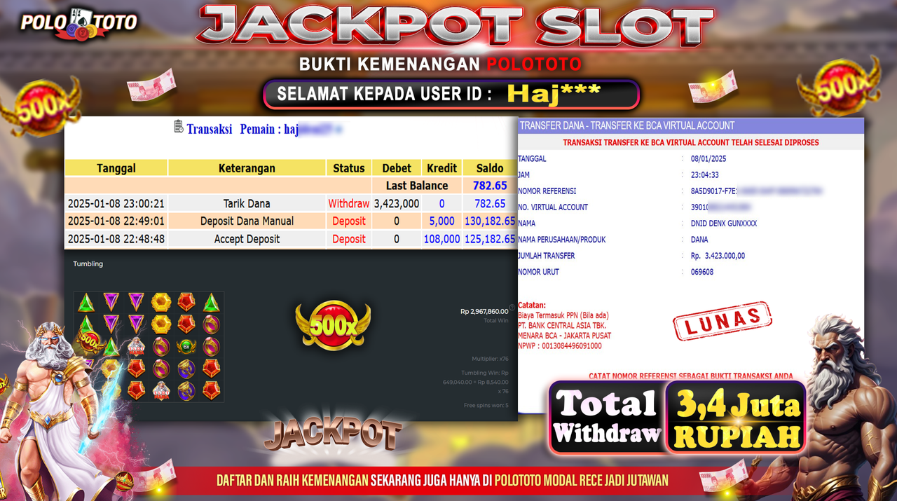 POLOTOTO JACKPOT SLOT GATES OF OLYMPUS Rp.3,423.000,-
