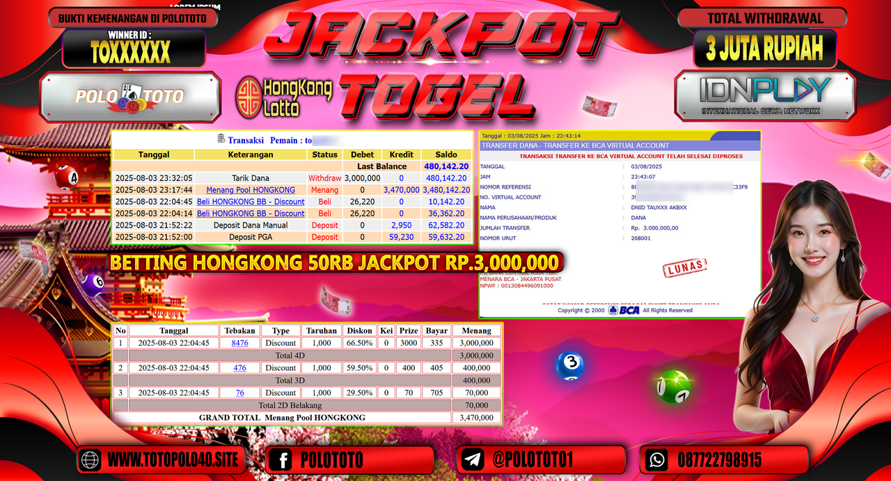 POLOTOTO JACKPOT TOGEL HONGKONG LOTTO Rp.3.000.000,-LUNAS