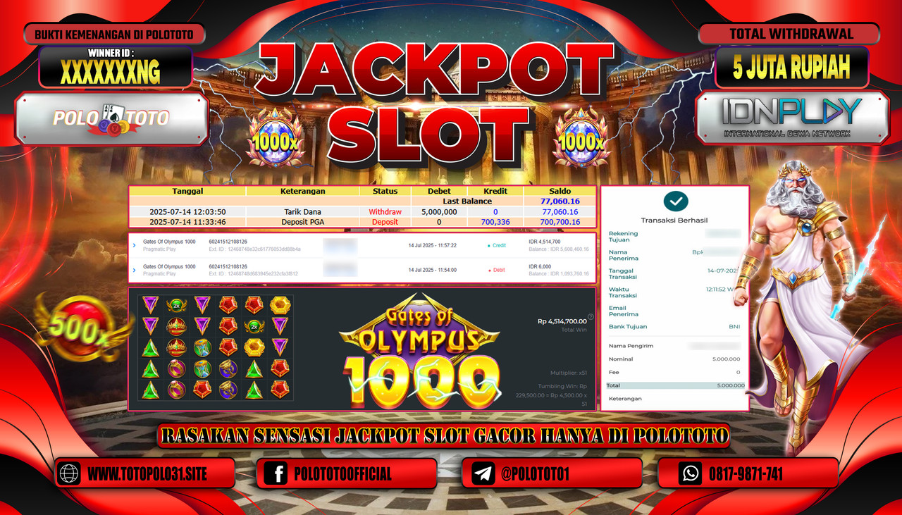 POLOTOTO JACKPOT SLOT GATES OF OLYMPUS 1000 Rp.5.000.000,- LUNAS