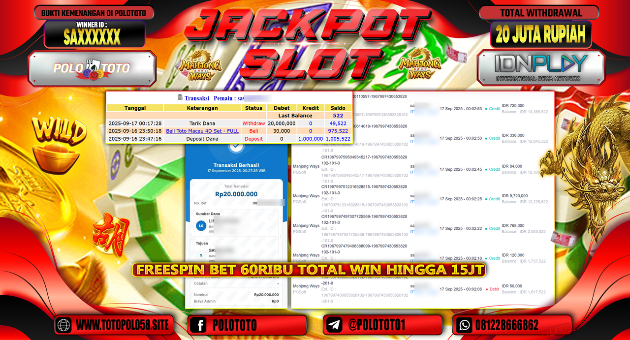 POLOTOTO JACKPOT SLOT MAHJONG WAYS Rp.20.000.000,-