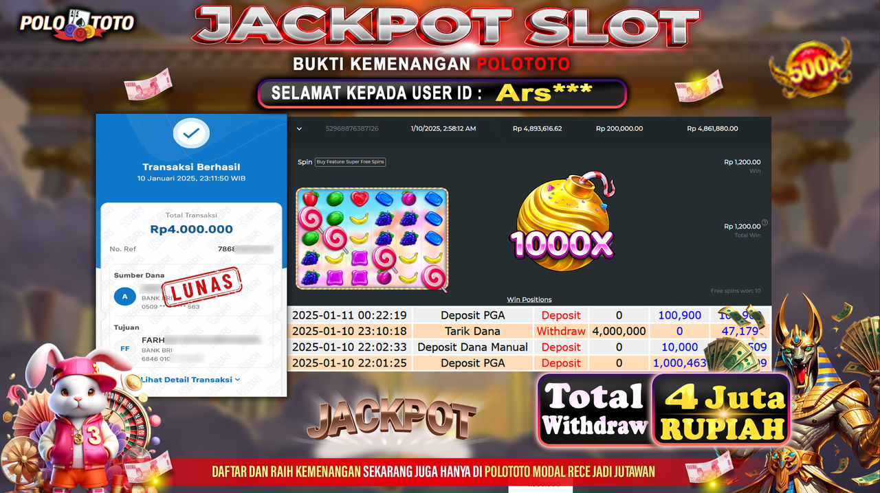 POLOTOTO JACKPOT SLOT SWEET BONANZA 1000 Rp.4,000.000,-