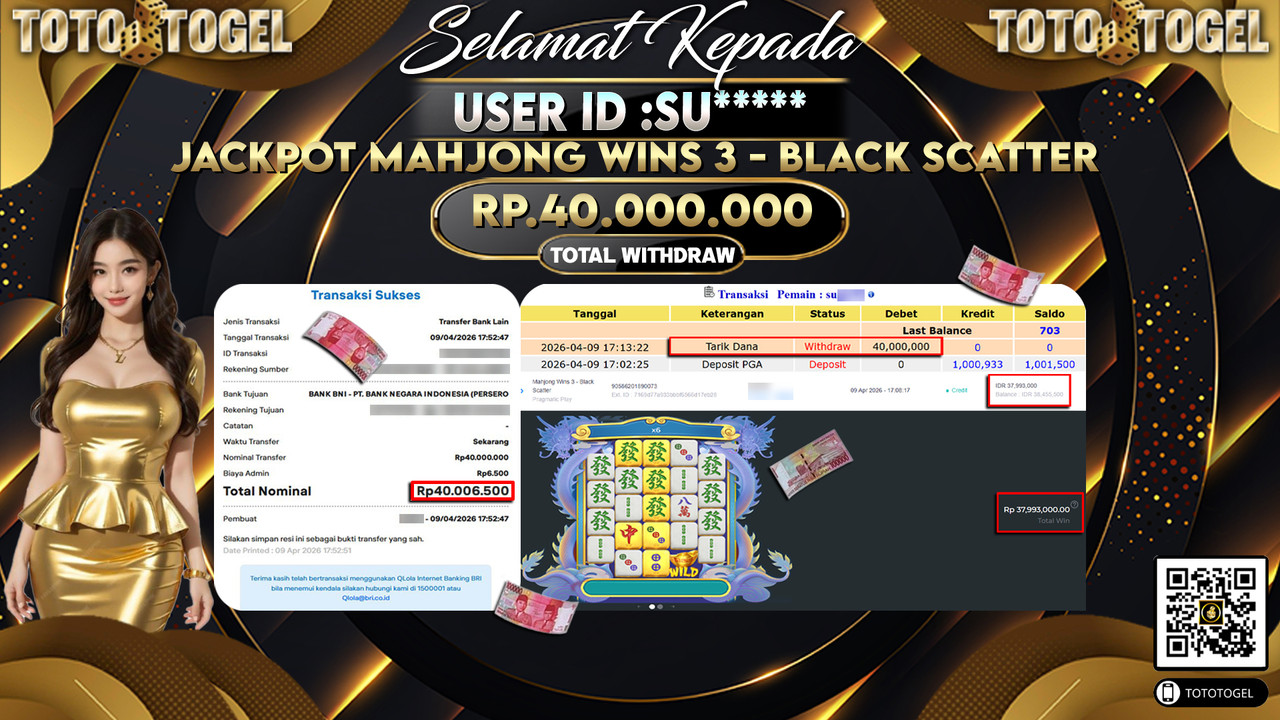 Bukti Pembayaran Jackpot Permainan Slot Mahjong Wins 3 - Black Scatter ID:SU*****LUNAS
