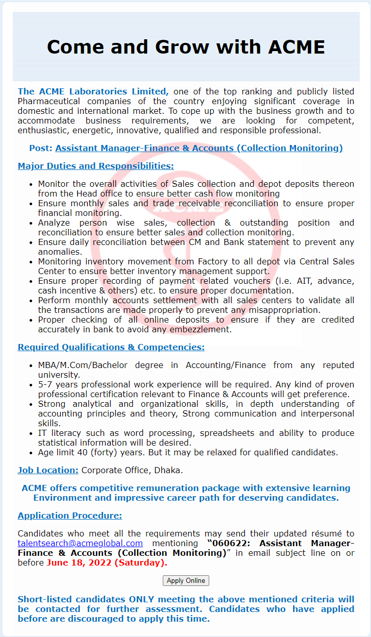 ACME Laboratories Limited Job Circular 2022 Picture