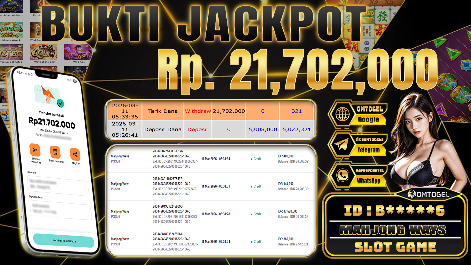 OMTOGEL JACKPOT PG SOFT MAHJONG WAYS, 21 JUTA DI BAYAR LUNAS ,-