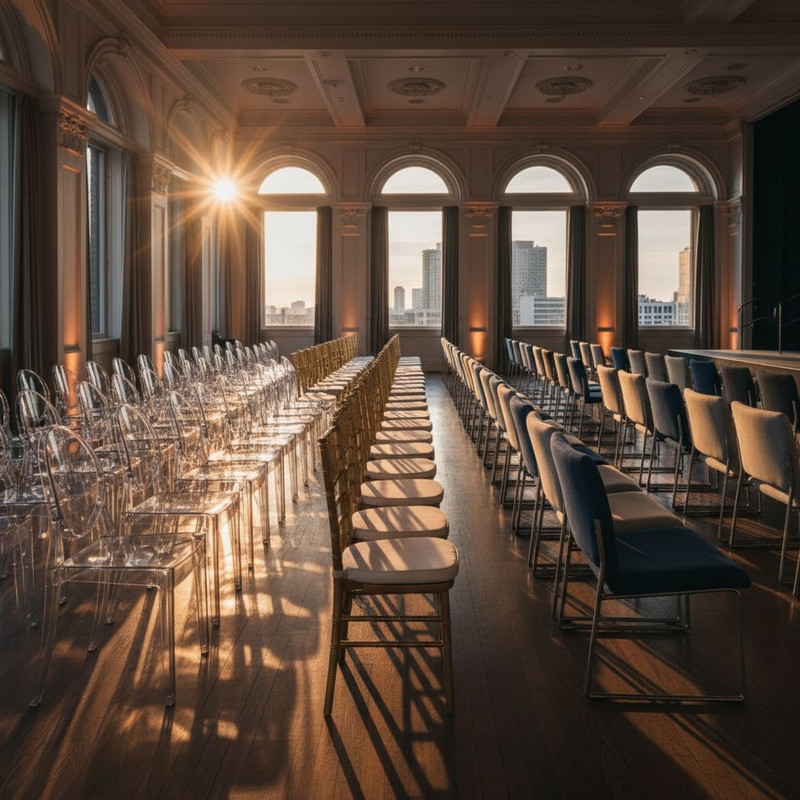 Разнообразные типы стульев для аренды, включая элегантные Кьявари и современные прозрачные модели, расставленные для мероприятия.