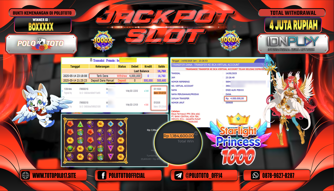 POLOTOTO JACKPOT SLOT STARLIGHT PRINCESS 1000 Rp.4.000.000,-