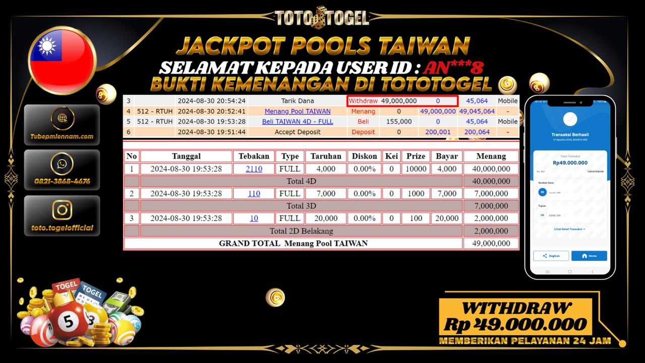 Bukti Pembayaran Permainan Pools Taiwan Dengan ID : AN***8LUNASS