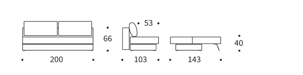Schéma dimensions Akello Sofa Bed Innovation Living — L200 × P103 × H66 cm canapé, lit 143×200 cm