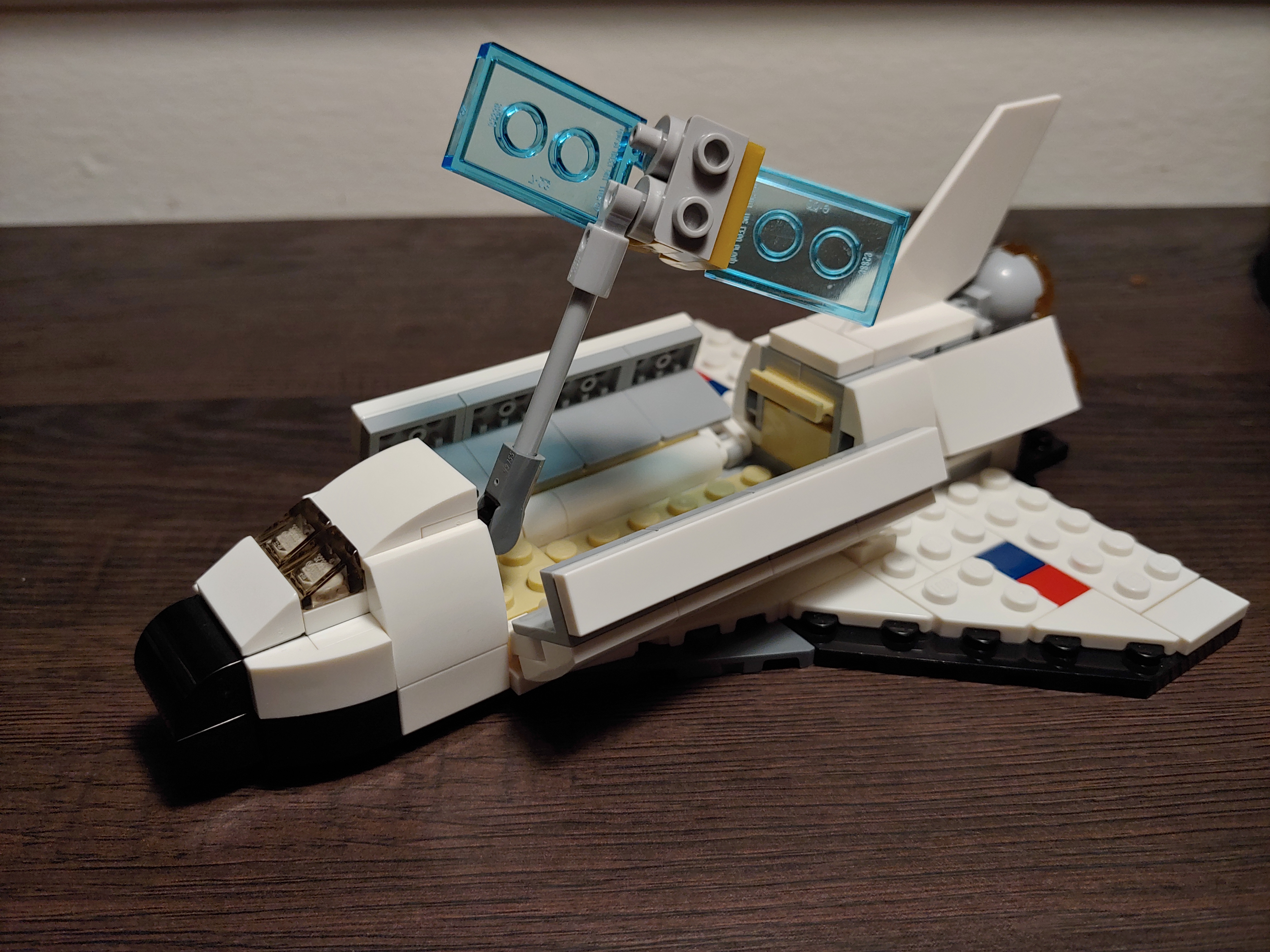 The assembled space shuttle, with space probe sticking out.