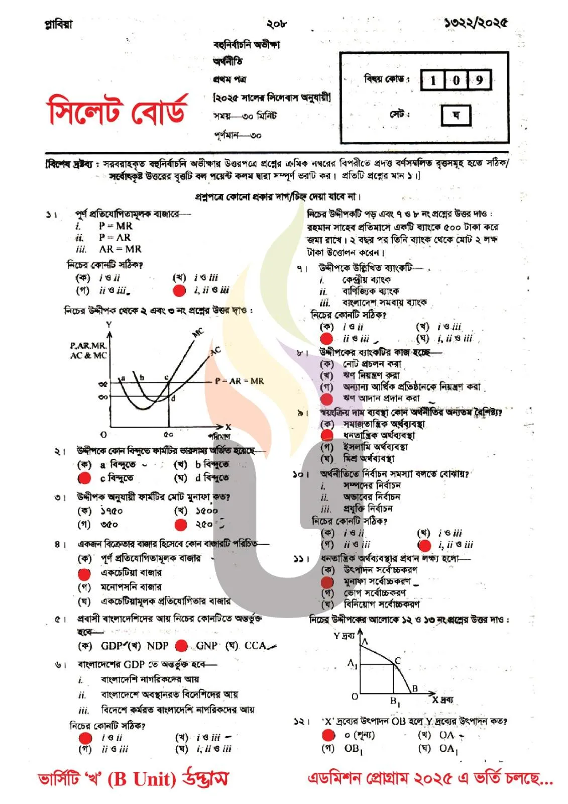 Economics 1st Paper MCQ Exam Question Solution Sylhet Board HSC 2025