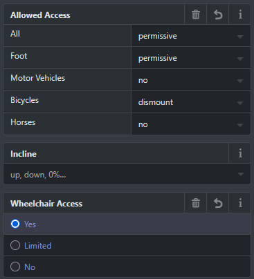 iD-Editor showing allowed access and wheelchair access in two different segments