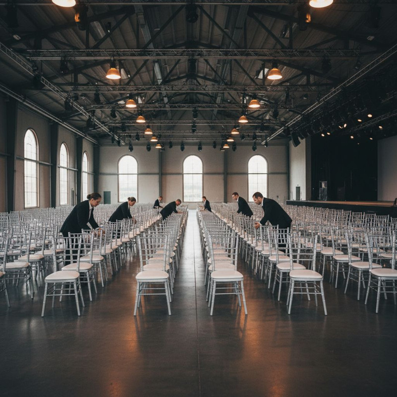 Процесс логистики и монтажа стульев для мероприятия в Москве: команда аккуратно расставляет мебель в зале.