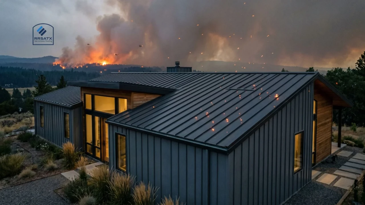 Non-combustible metal roof resisting fire and airborne embers