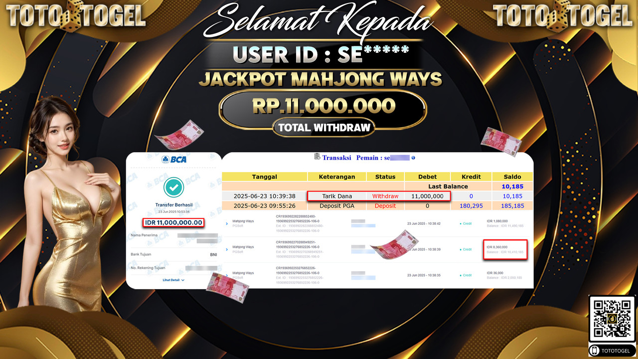 Bukti Pembayaran Jackpot Permainan Slot Mahjong Ways ID:SE***** LUNAS