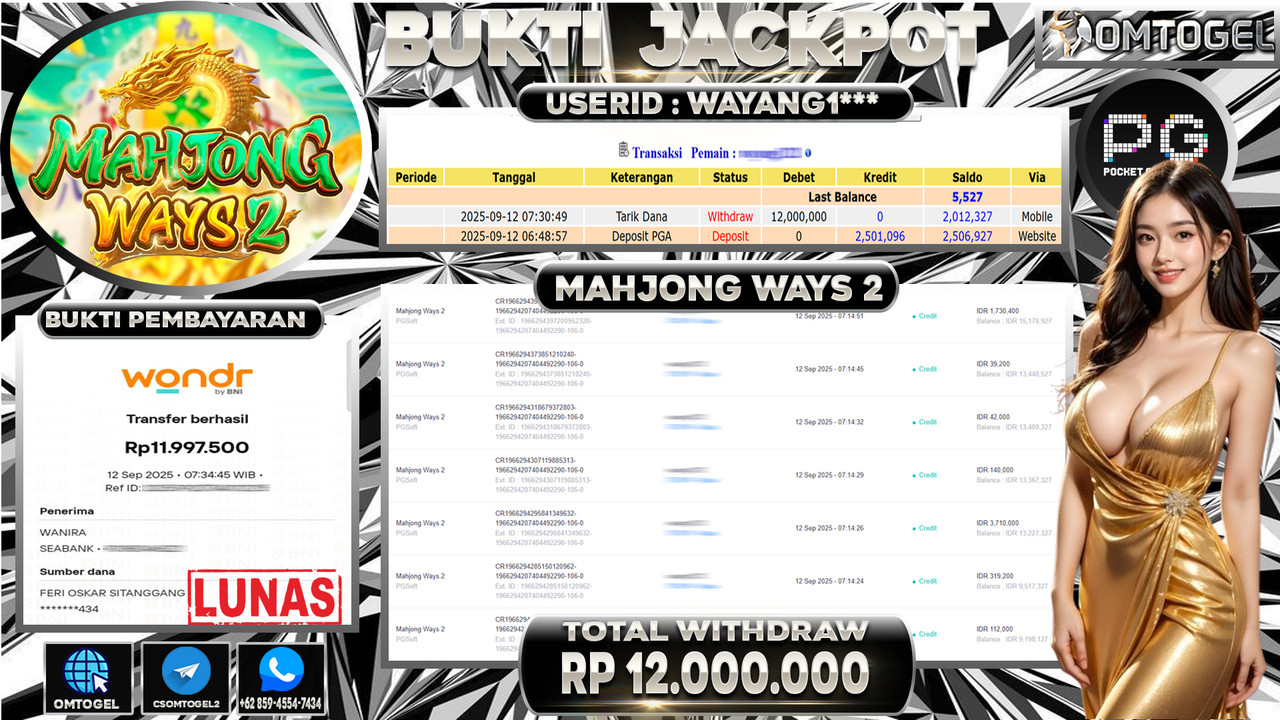 OMTOGEL JACKPOT PGSOFT MAHJONG WAYS 2 12 JUTA DI BAYAR LUNAS ,-