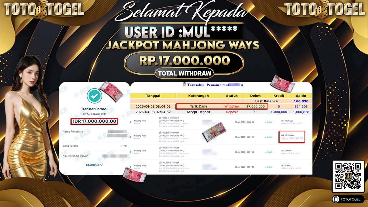 Bukti Pembayaran Jackpot Permainan Slot Mahjong Ways ID:MUL*****LUNAS