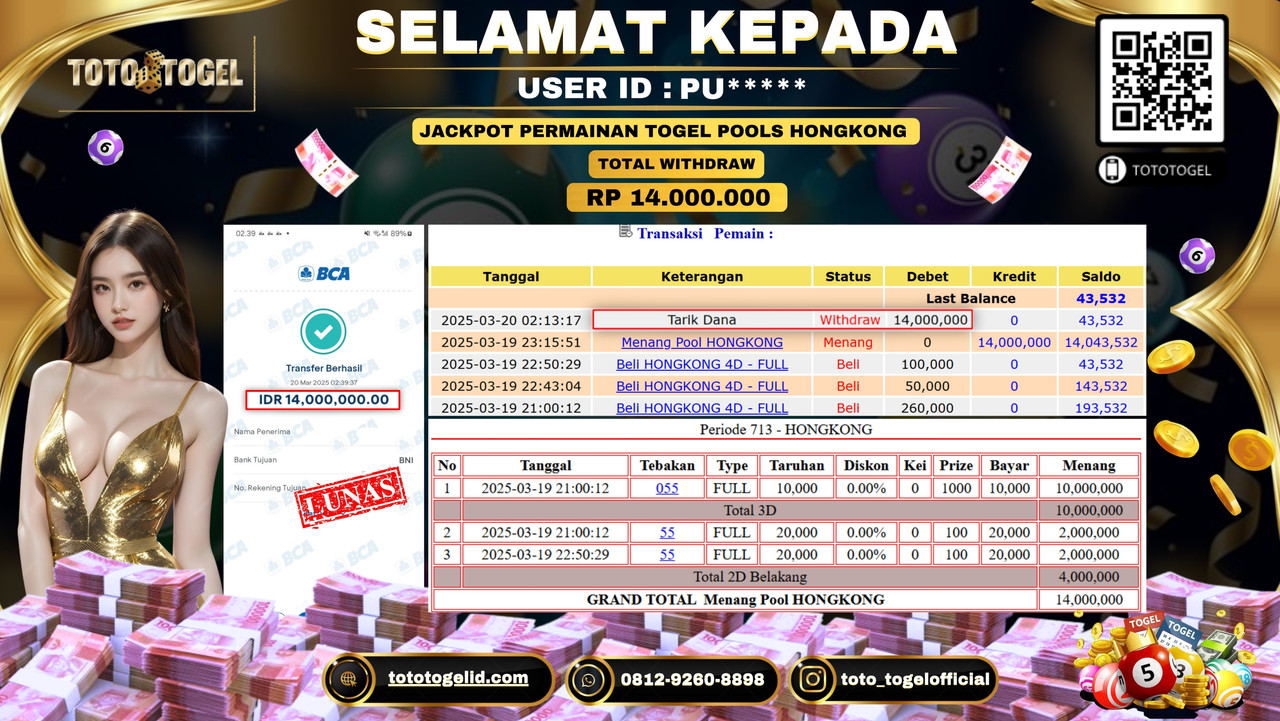 Bukti Pembayaran Jackpot  Permainan Togel Pools Hongkong ID:PU***** LUNAS