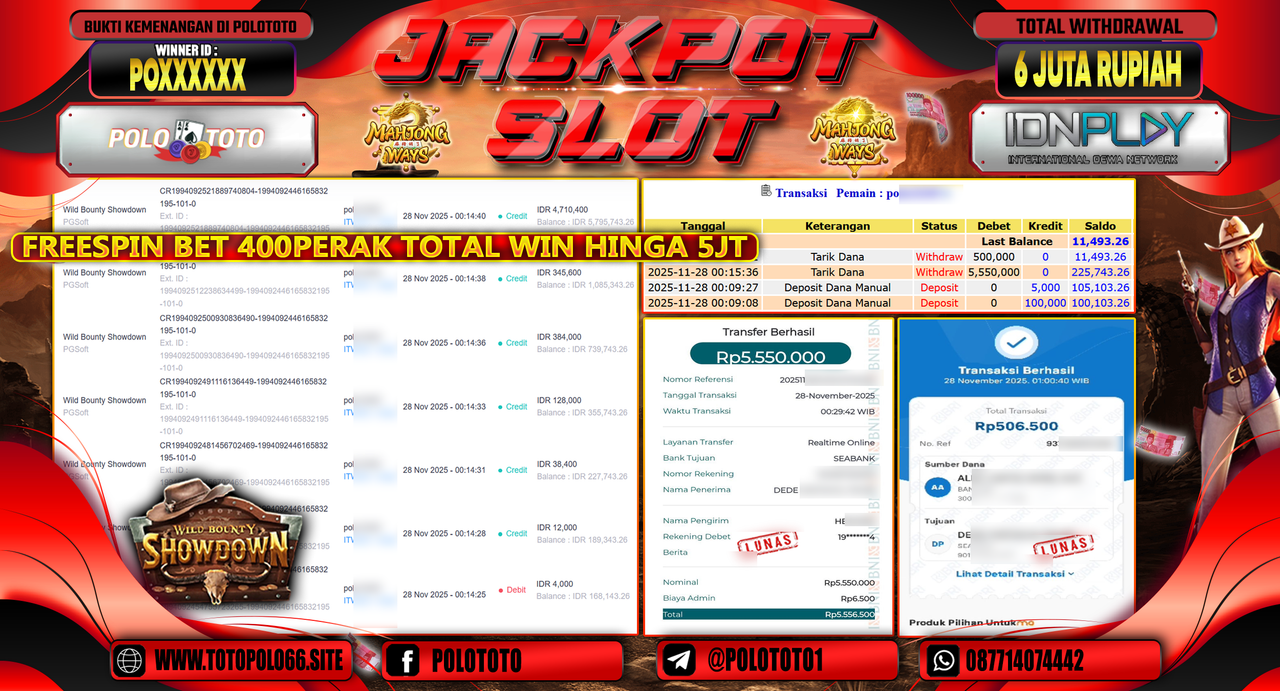 POLOTOTO JACKPOT SLOT WILD BOUNTHY SHOWDOWN Rp.6.0000.000,- LUNAS
