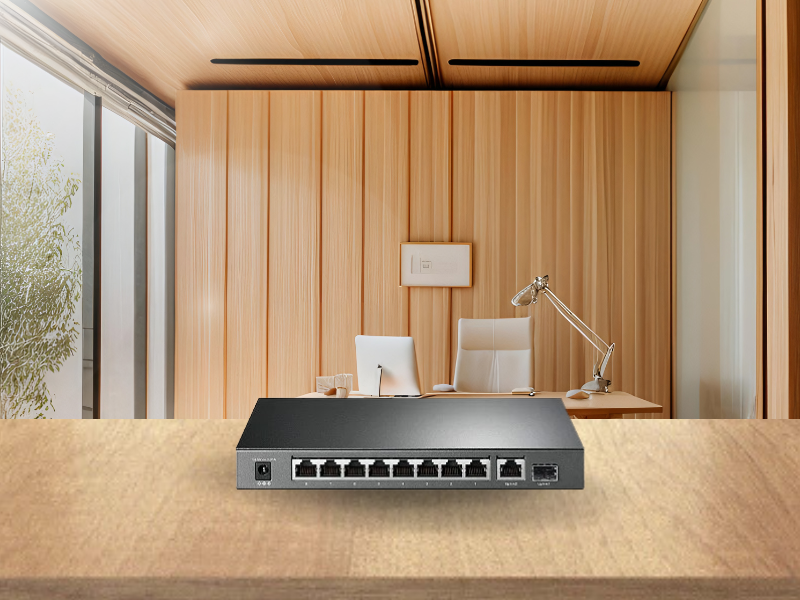 Switch TP-Link TL-SG1210P exibindo as 10 portas Gigabit, sendo 8 delas PoE+.