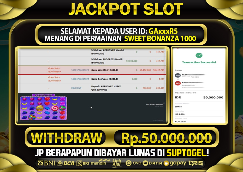  BUKTI KEMENANGAN 12 JULY 2025 MENANG DI PERMAINAN SWEET BONANZA 1000 TOTAL WD 50 JUTA