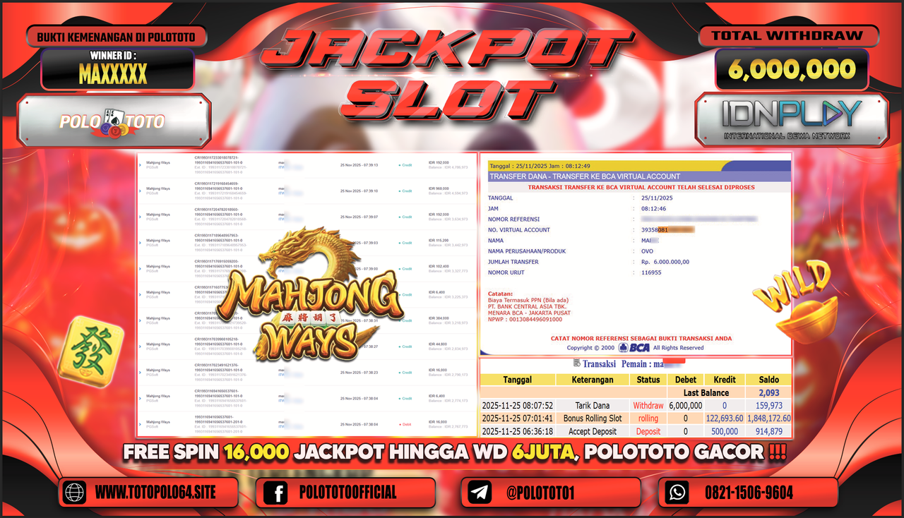 POLOTOTO JACKPOT SLOT MAHJONG WAYS Rp.6.000.000,- LUNAS
