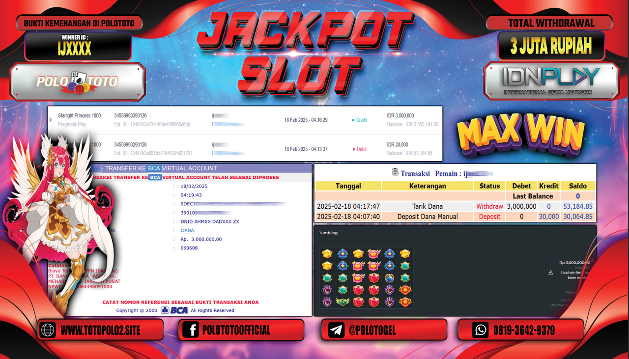 POLOTOTO JACKPOT SLOT STARLIGHT PRINCESS 1000 Rp.3.000.000,-