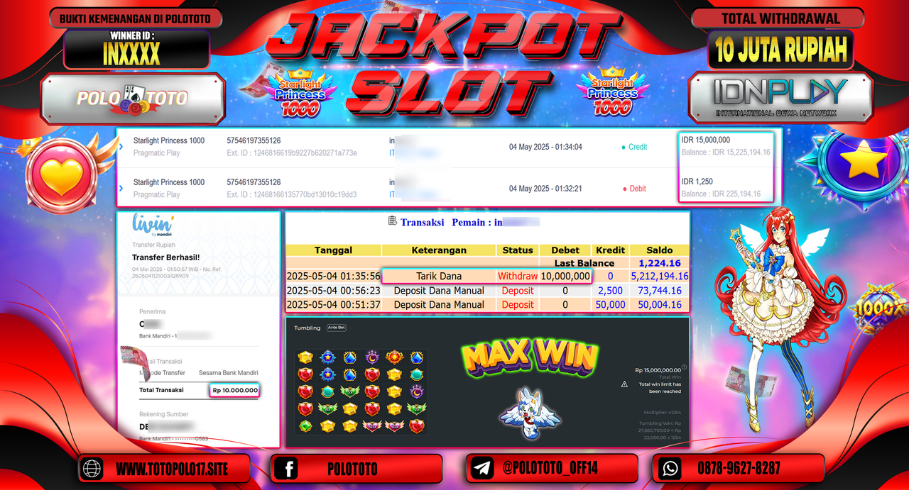 POLOTOTO JACKPOT SLOT STARLIGHT PRINCESS 1000 Rp.10.000.000,-
