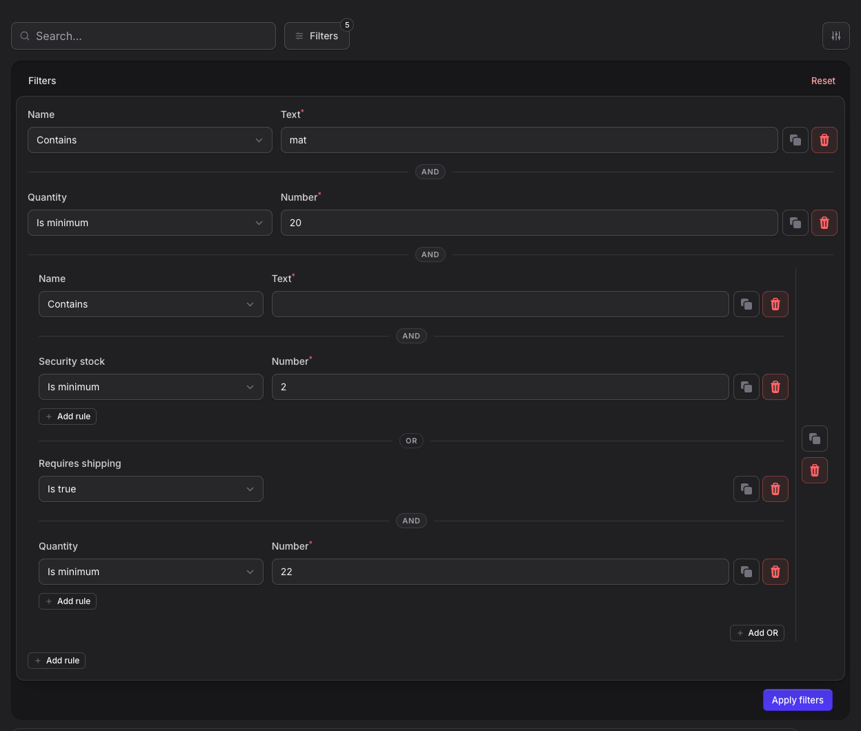 Stature Theme product table query builder in dark mode