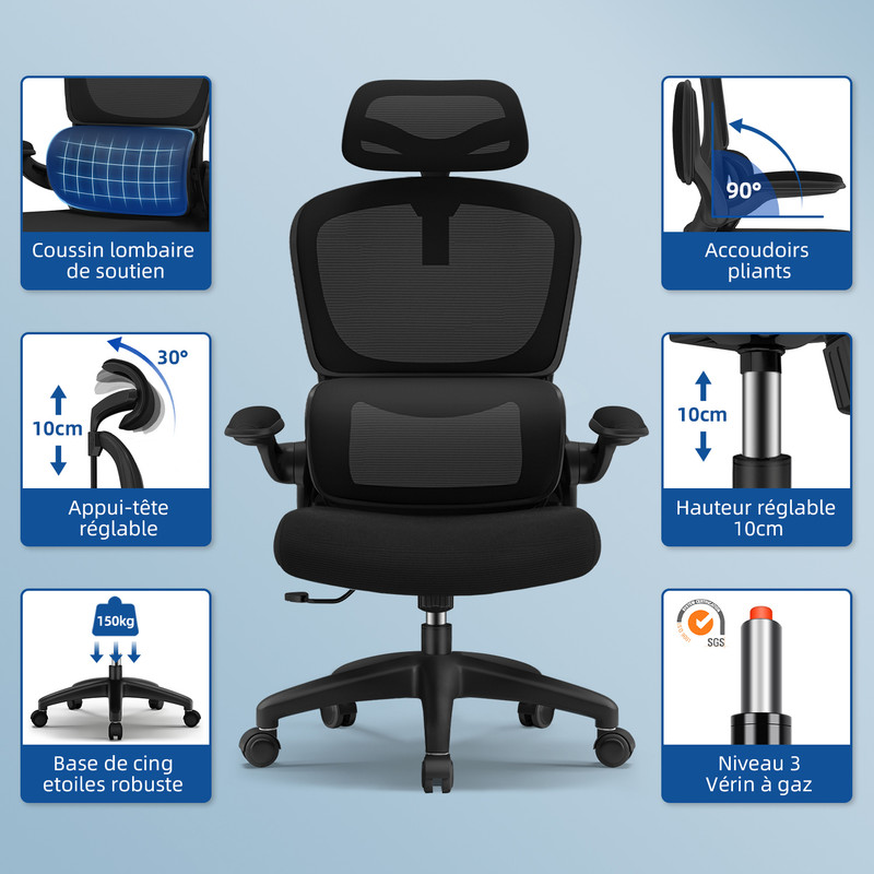 100€01 sur Chaise de Bureau Inclinable, Appui-Tête Ajustable 10cm, Dossier  avec Soutien Lombaire Ergonomique - Daccormax - Noir - Achat & prix | fnac