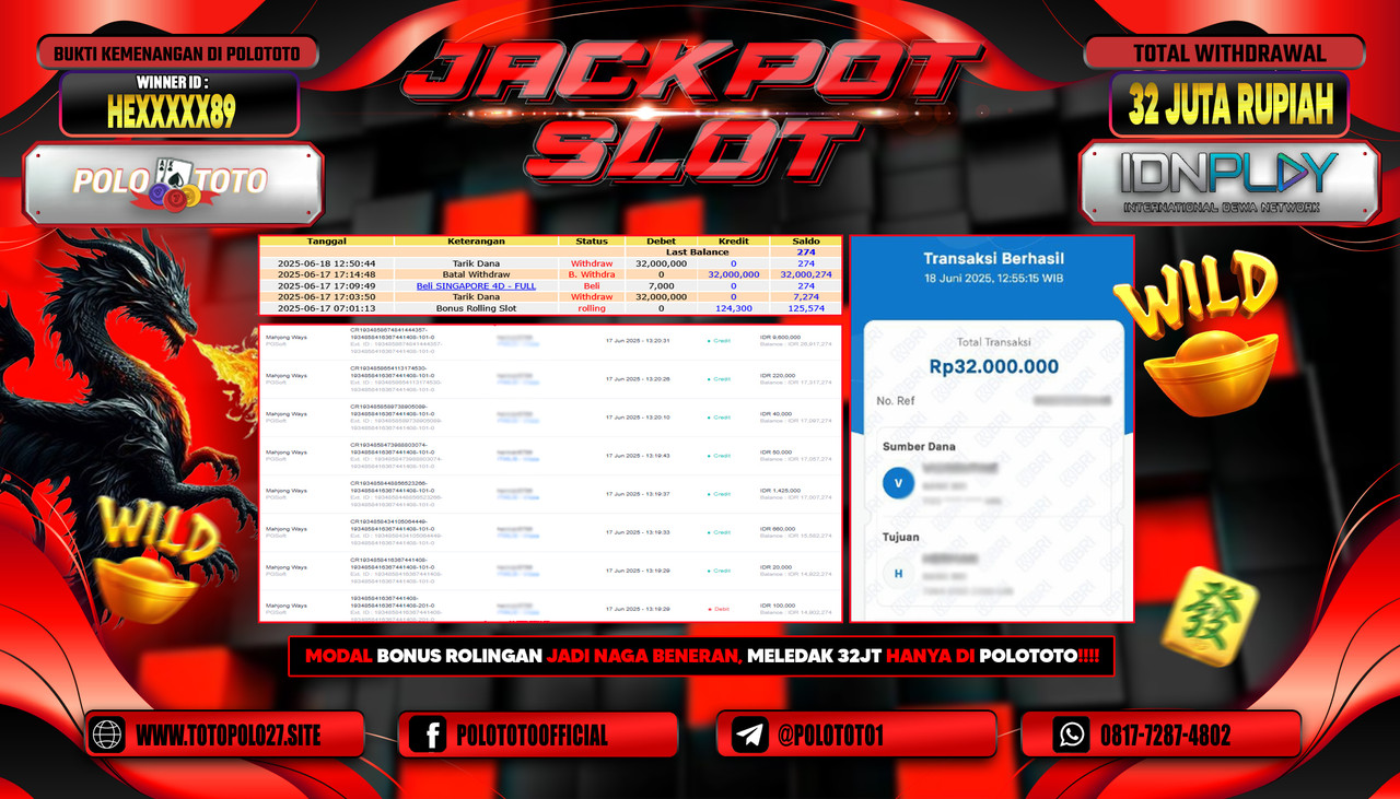 POLOTOTO JACKPOT SLOT MAHJONG WAYS Rp.32.000.000,- LUNAS