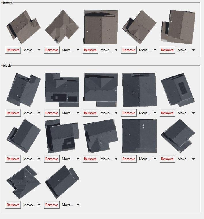 Quality controll software showing the roofs with their assigned colours and options to either move them to a different colour or remove them entirely