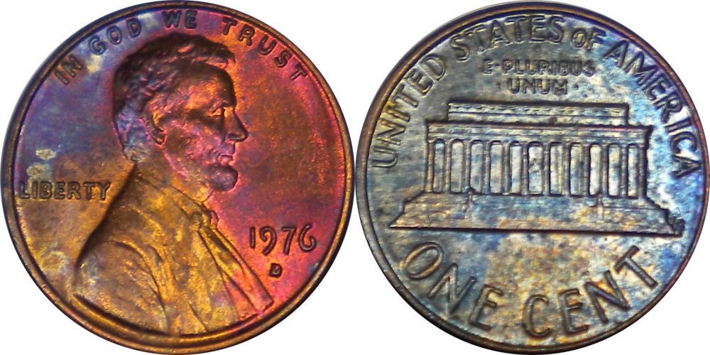 1976 D MS 66 RED WHITE AND BLUE COLOR 1C