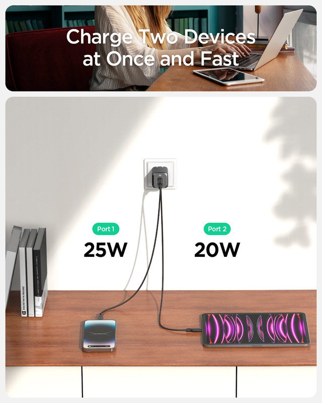 Cargador de pared doble Spigen PowerArc 40W mostrando sus dos puertos USB-C.