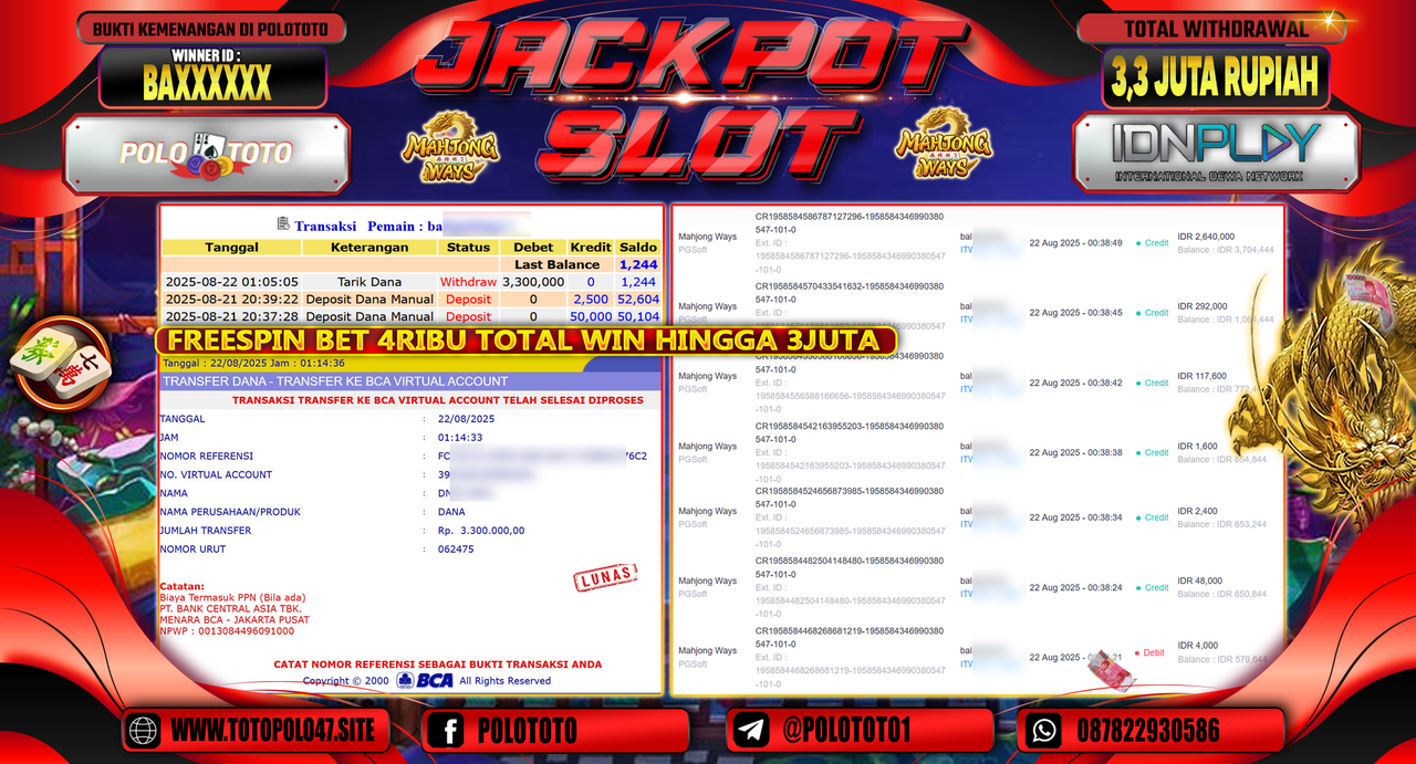 POLOTOTO JACKPOT SLOT MAHJONG WAYS Rp.3.300.000,-